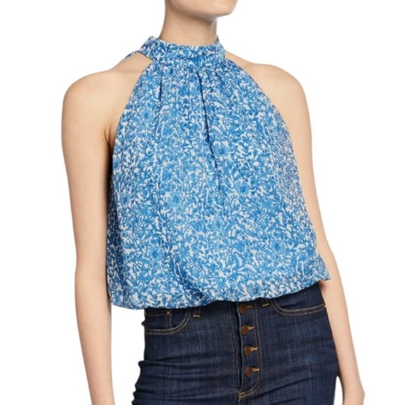 Alice + Olivia Maris Floral Print Lined Tie Halter Neck Blouse Blue White Medium - Picture 1 of 9